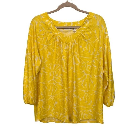 Susan Graver Sunny Yellow White Mixed Media‎ Blouse V-Neck Elastic Cuff Sz L - Picture 1 of 9
